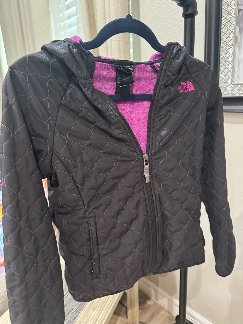 The North Face Kids Quilted Hooded Puffer Jacket - Black with Pink Lining